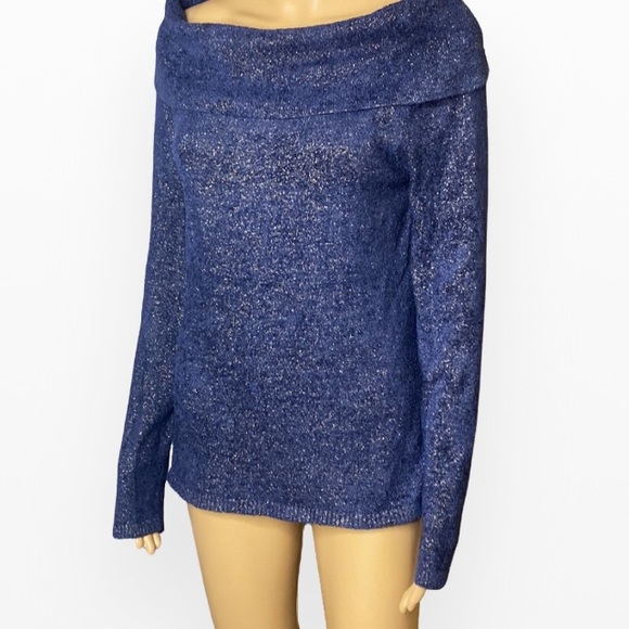 Cache Oversize Collar Navy Blue Metallic SweaterSize L - Picture 4 of 8